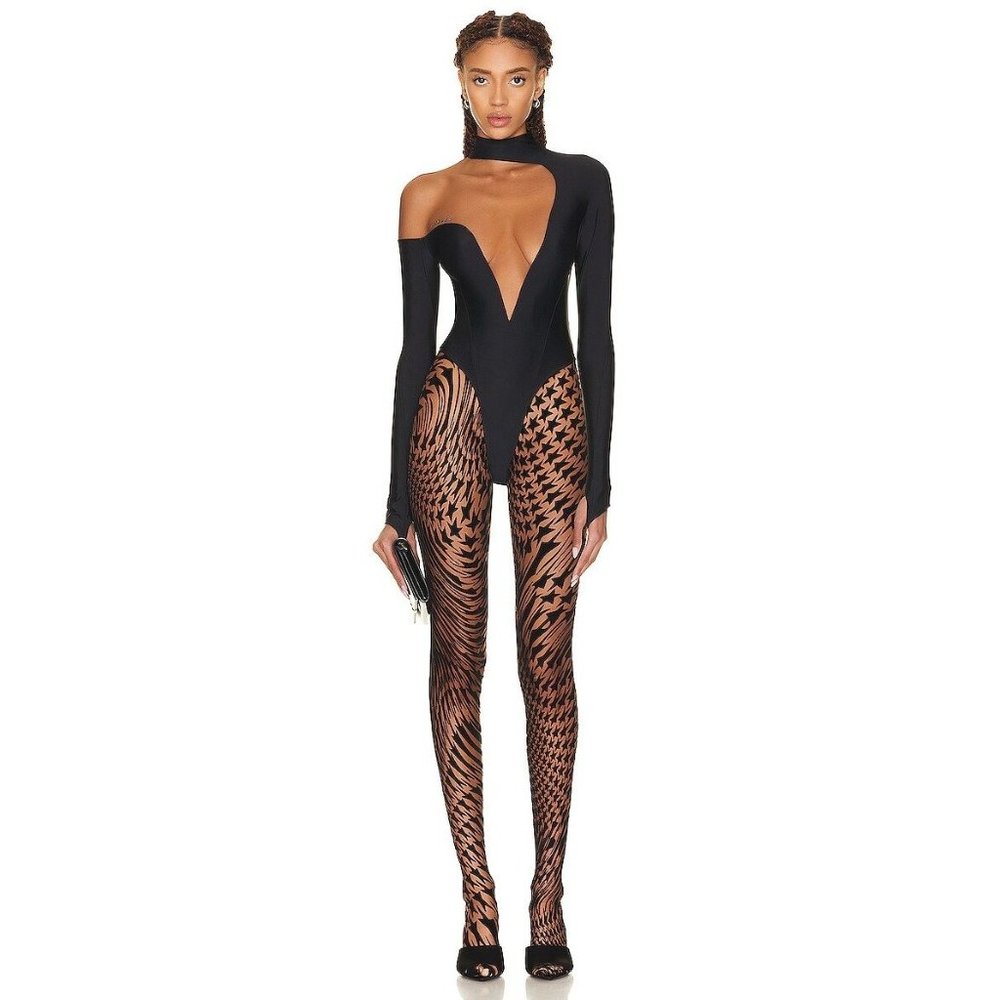 MUGLER Footed Leggings in Nude 02 & Black 36 New as-is Womens Star Tights.
